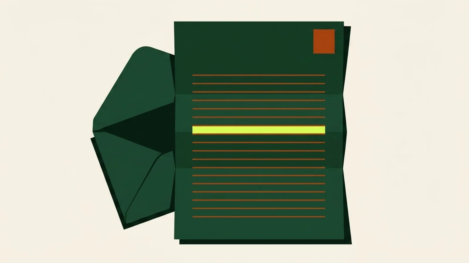 A cut-paper illustration seen from above: an official letter unfolded along three creases with its text drawn as plain ruled lines, one line struck through with a bright highlight, an opened envelope beside it and a franking block in the corner.
